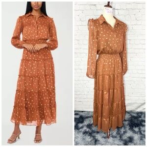 👗NWOT |•SAM AND JESS•| Earthy Brown Golden Motifs Long Tired Dress Size Medium